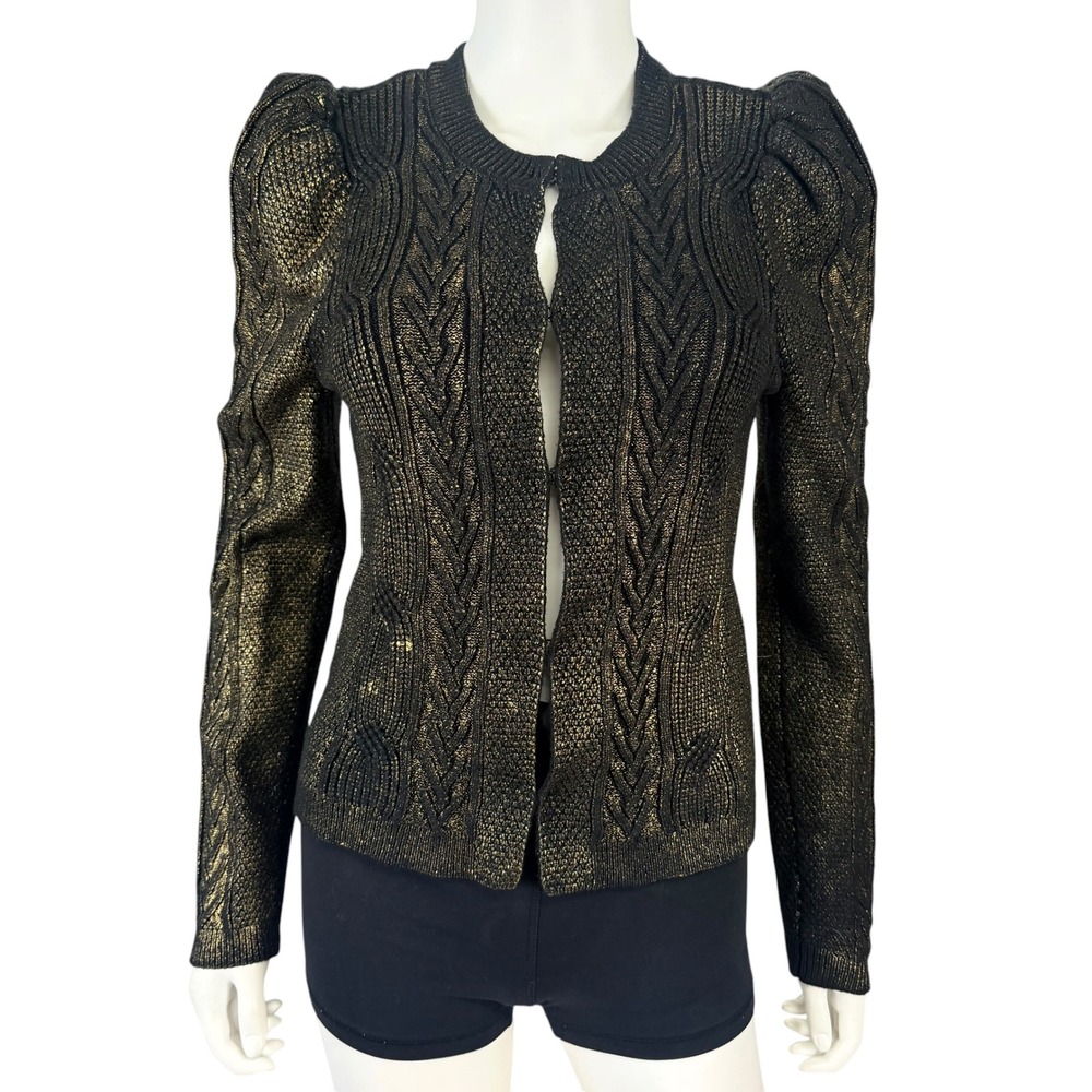 Express Black Metallic Gold Foil Cable Knit Cardigan Puff Sleeve Sweater S